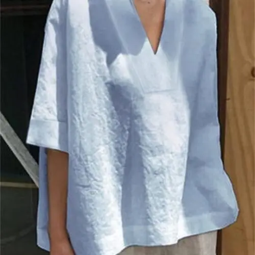 V-Neck Cotton and Linen Loose Sleeve Shirt | Solid Color Casual Elegance