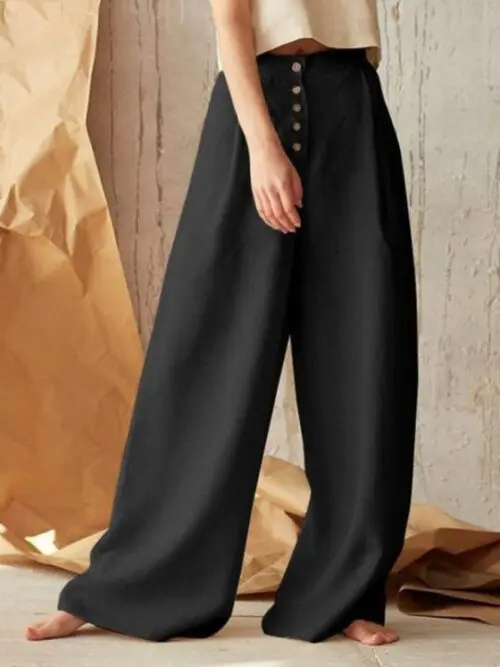 Chic High Waist Wide-Leg Pants with Single-Breasted Button Closure in a Solid Color for Casual Style