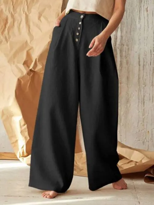 Chic High Waist Wide-Leg Pants with Single-Breasted Button Closure in a Solid Color for Casual Style
