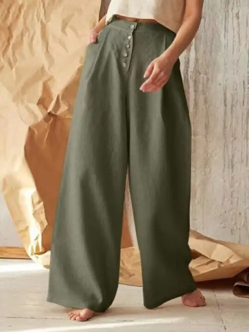 Chic High Waist Wide-Leg Pants with Single-Breasted Button Closure in a Solid Color for Casual Style