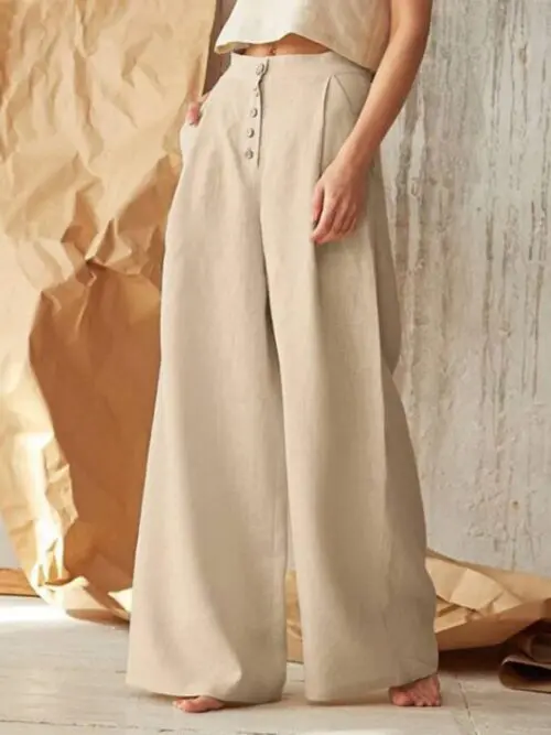 Chic High Waist Wide-Leg Pants with Single-Breasted Button Closure in a Solid Color for Casual Style