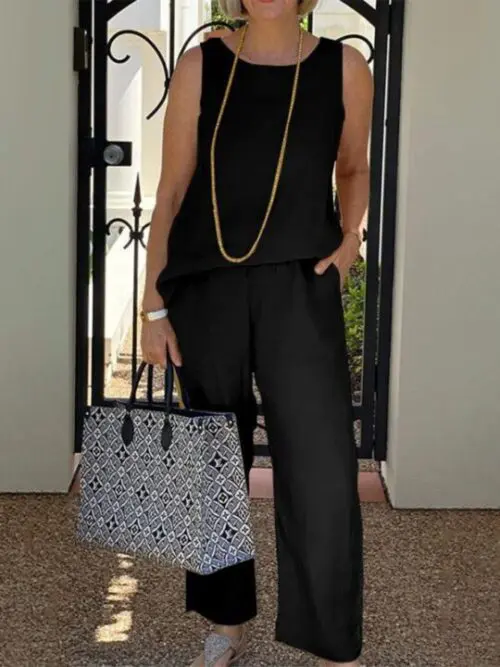Elegant Cotton Linen Sleeveless Top and Wide-leg Pants