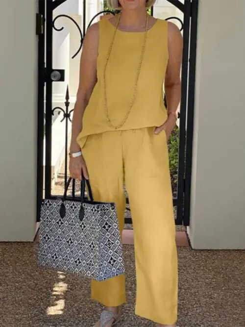 Elegant Cotton Linen Sleeveless Top and Wide-leg Pants