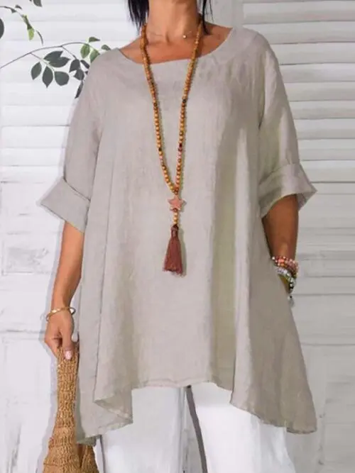 Asymmetric Hem Round Neck Solid Short Sleeve Shirt