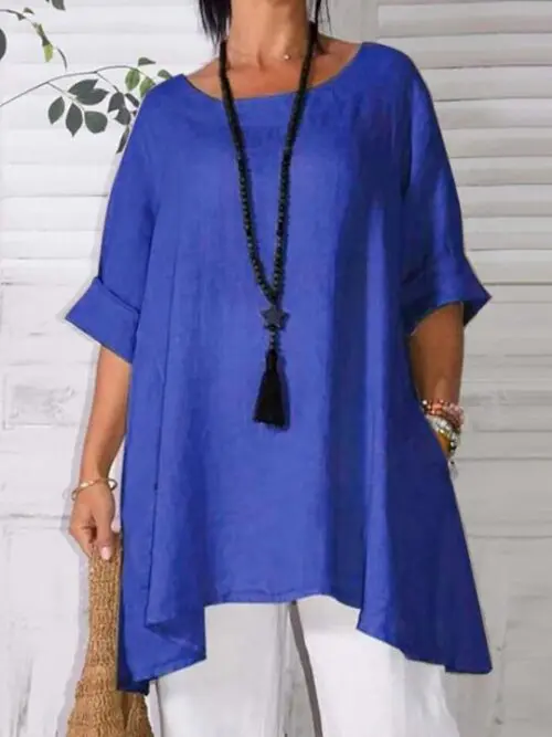 Asymmetric Hem Round Neck Solid Short Sleeve Shirt