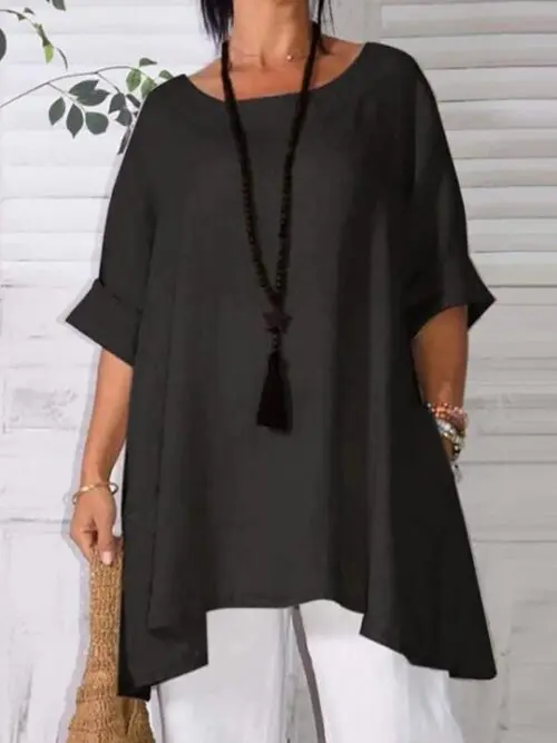Asymmetric Hem Round Neck Solid Short Sleeve Shirt