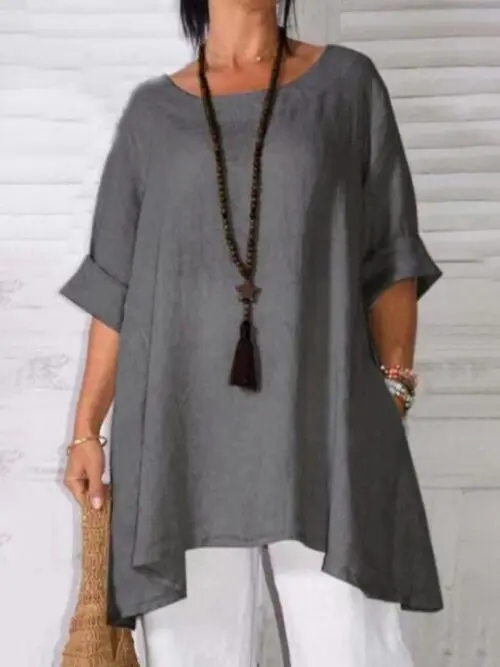 Asymmetric Hem Round Neck Solid Short Sleeve Shirt