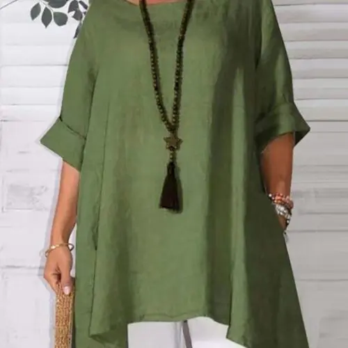 Asymmetric Hem Round Neck Solid Short Sleeve Shirt