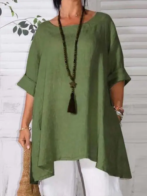 Asymmetric Hem Round Neck Solid Short Sleeve Shirt