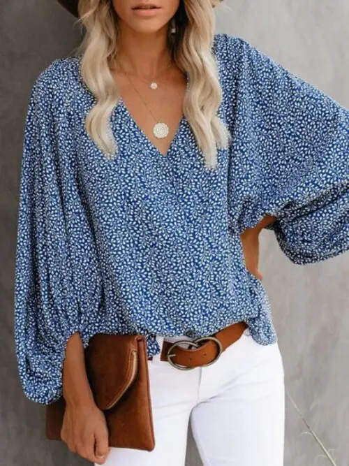 V-Neck Casual Printed Lantern Sleeve Top