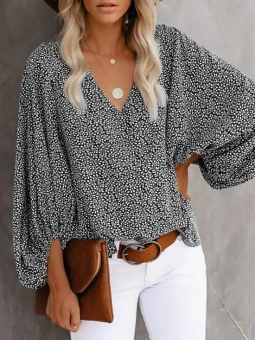 V-Neck Casual Printed Lantern Sleeve Top