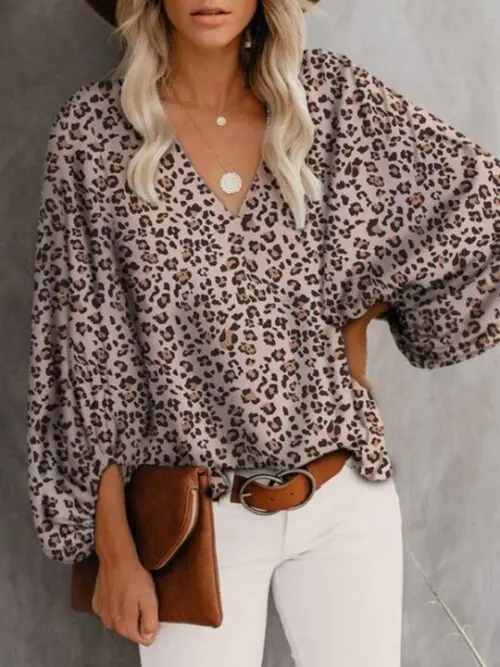 V-Neck Casual Printed Lantern Sleeve Top