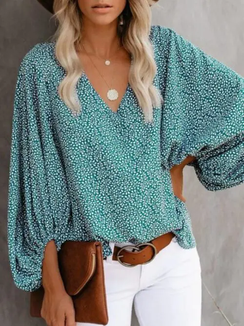V-Neck Casual Printed Lantern Sleeve Top