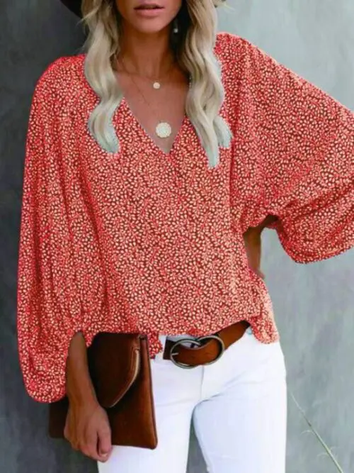 V-Neck Casual Printed Lantern Sleeve Top