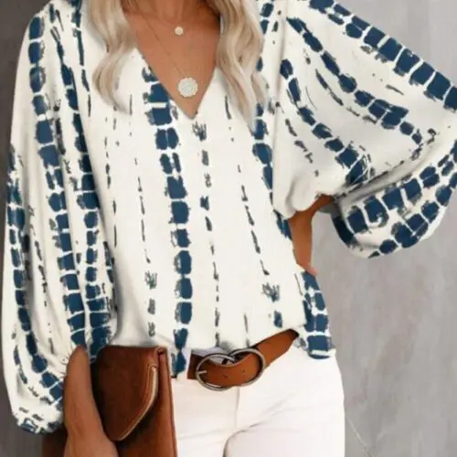 V-Neck Casual Printed Lantern Sleeve Top