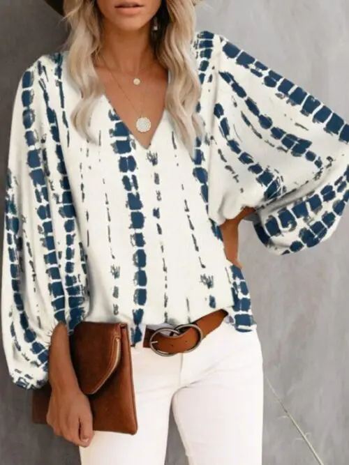 V-Neck Casual Printed Lantern Sleeve Top