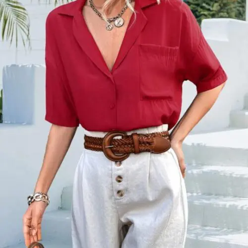 Retro Lapel Short-Sleeved Shirt in Solid Color