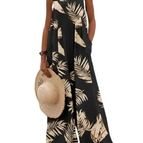 Printed Sleeveless Wide-Leg Suspender Jumpsuit
