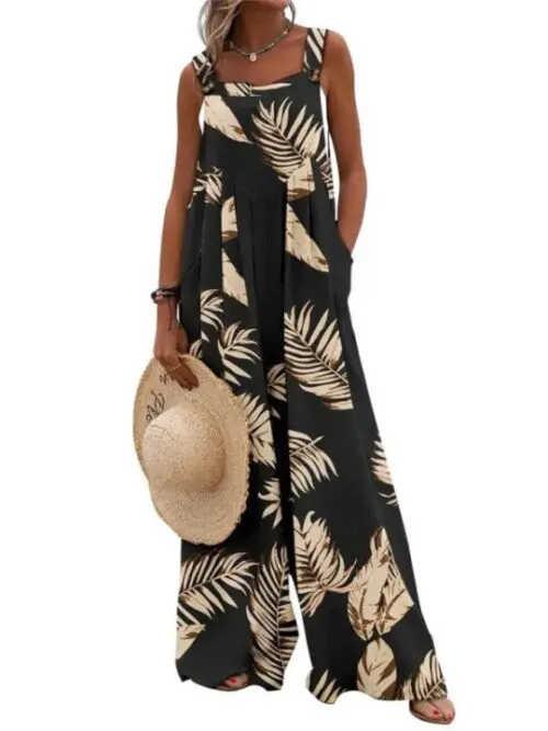 Printed Sleeveless Wide-Leg Suspender Jumpsuit