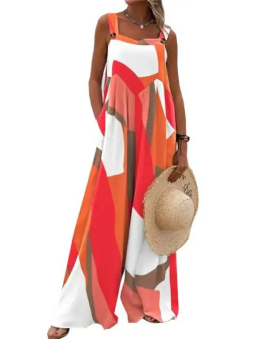 Printed Sleeveless Wide-Leg Suspender Jumpsuit