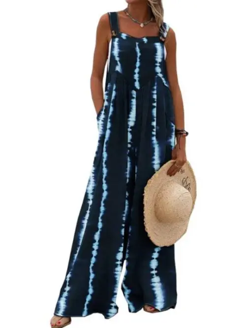 Printed Sleeveless Wide-Leg Suspender Jumpsuit