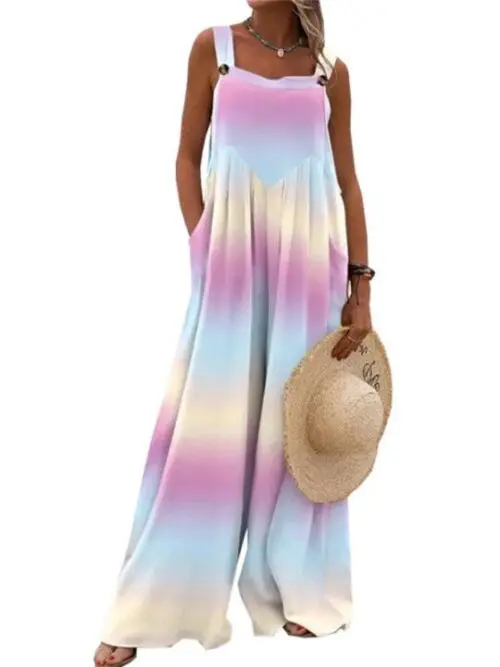 Printed Sleeveless Wide-Leg Suspender Jumpsuit