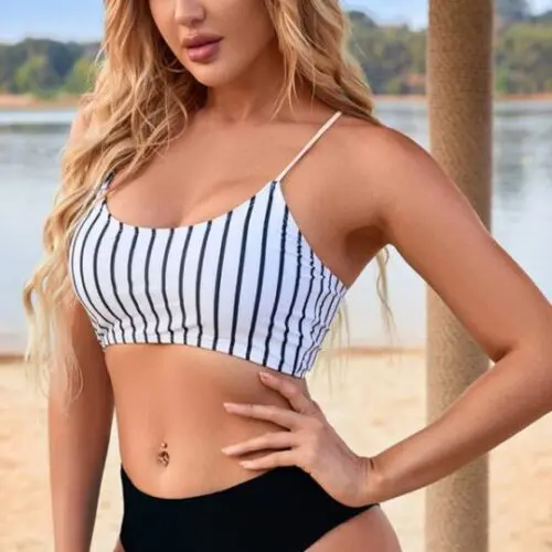 High Waist Striped Split Bikini