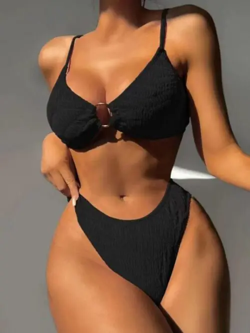 Unique Patterned Triangle Bag Bikini – Solid Color Swimsuit