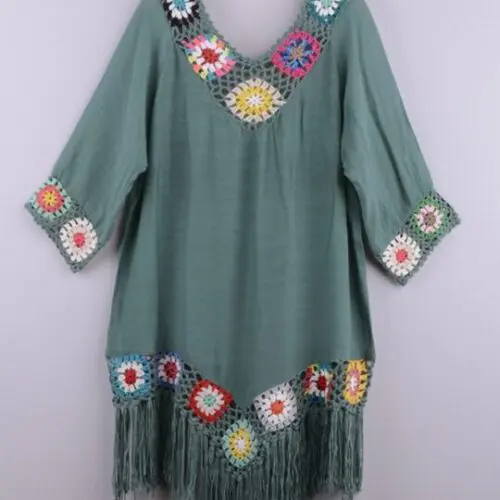 Three-Quarter Sleeve Ethnic Style Dress with Chain Link Flower Detail