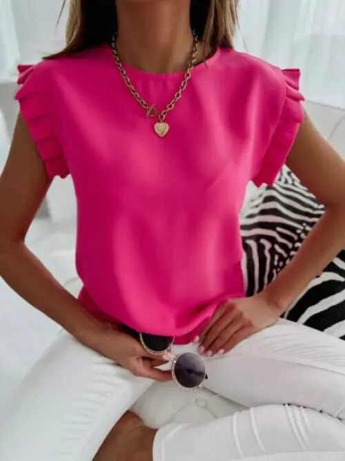 Short-Sleeved Round Neck Pleated Blouse | Simple and Stylish Ladies’ Shirt