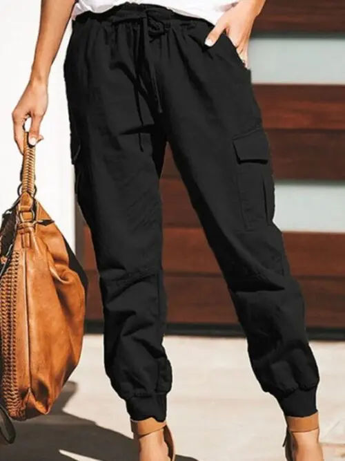 Solid Color Cargo Trousers with Casual Fashion, Pockets, and Waist Tie