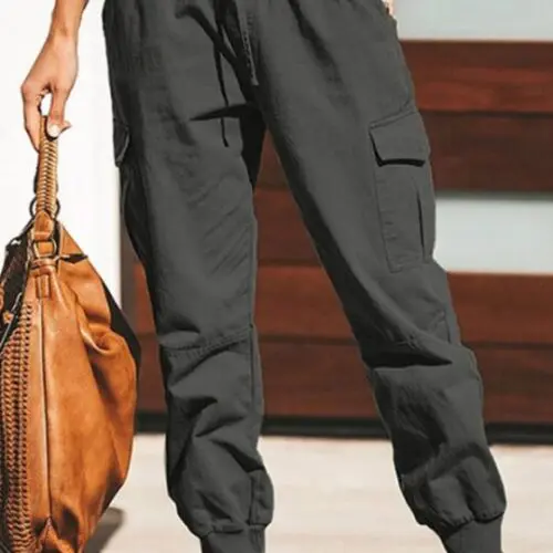 Solid Color Cargo Trousers with Casual Fashion, Pockets, and Waist Tie
