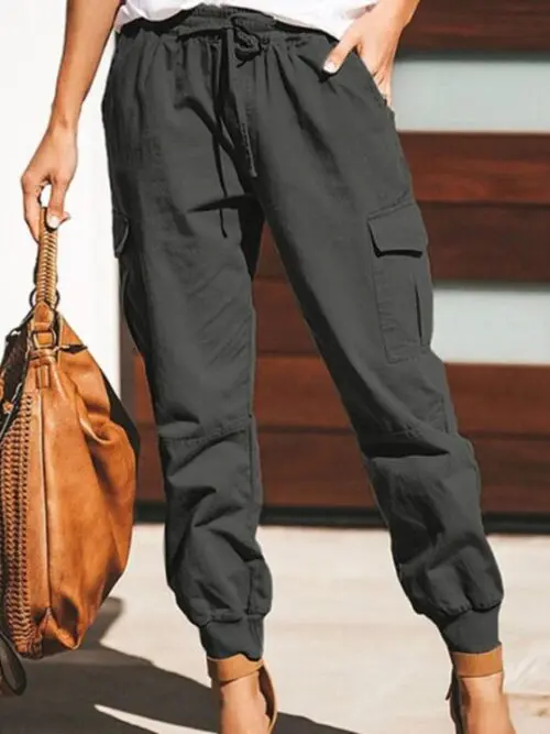 Solid Color Cargo Trousers with Casual Fashion, Pockets, and Waist Tie