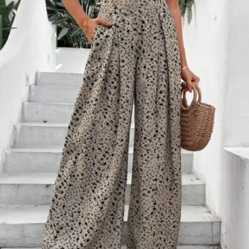 High Waist Floral Print Wide Leg Pants with a Flowing Drape