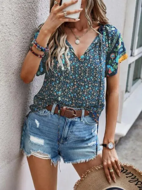 Ethnic Print V-Neck Short-Sleeve Loose Blouse