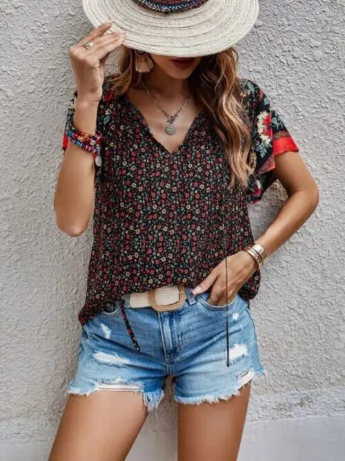Ethnic Print V-Neck Short-Sleeve Loose Blouse