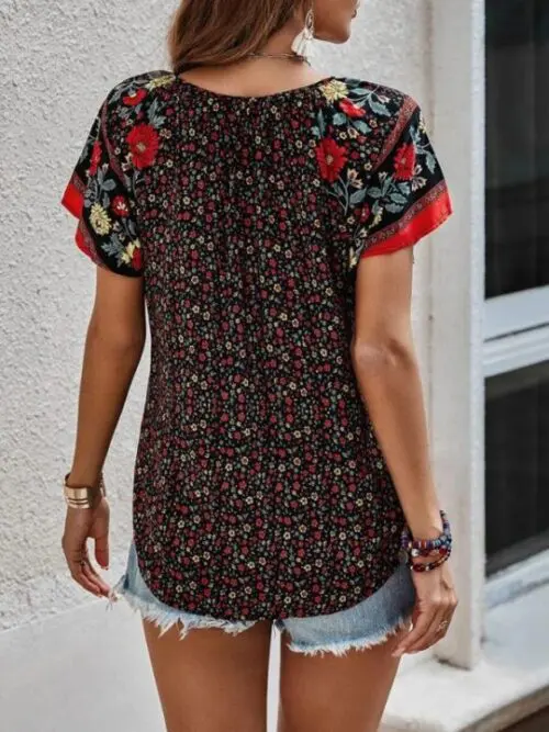 Ethnic Print V-Neck Short-Sleeve Loose Blouse