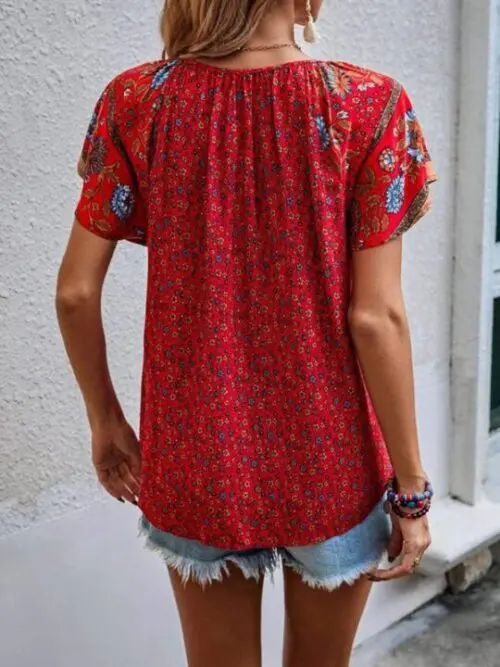 Ethnic Print V-Neck Short-Sleeve Loose Blouse