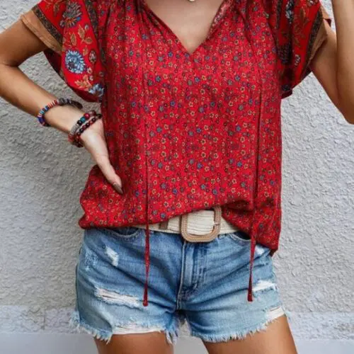 Ethnic Print V-Neck Short-Sleeve Loose Blouse