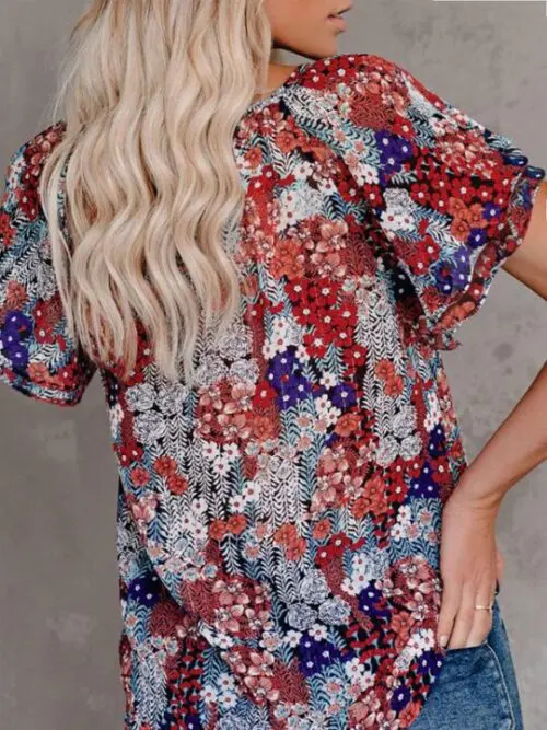 Printed V-Neck Half Cardigan Loose Short-Sleeved Shirt