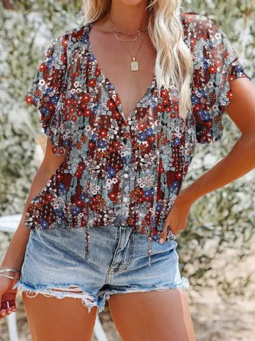 Printed V-Neck Half Cardigan Loose Short-Sleeved Shirt