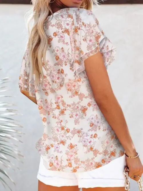 Printed V-Neck Half Cardigan Loose Short-Sleeved Shirt