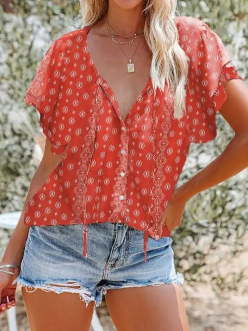 Printed V-Neck Half Cardigan Loose Short-Sleeved Shirt