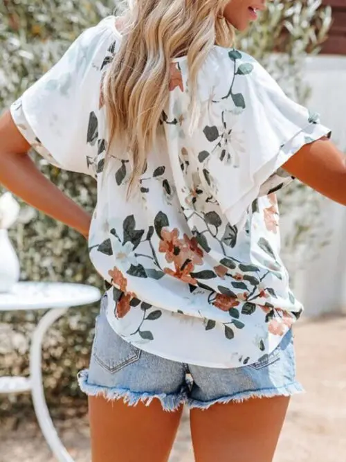 Printed V-Neck Half Cardigan Loose Short-Sleeved Shirt