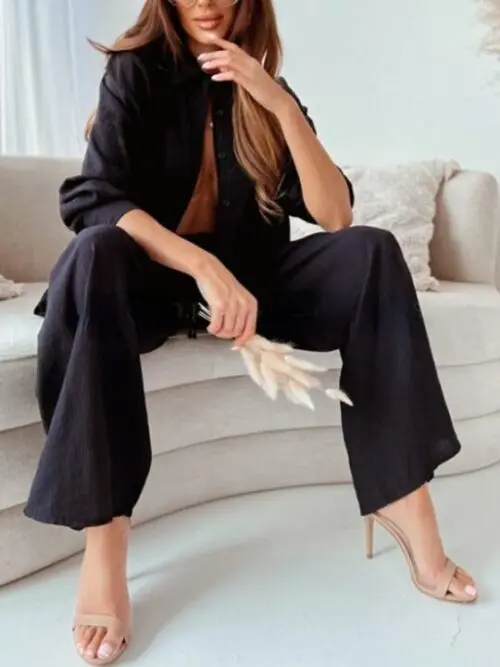 Loose Solid Color Long-Sleeved Shirt and Casual Trousers Two-Piece Set