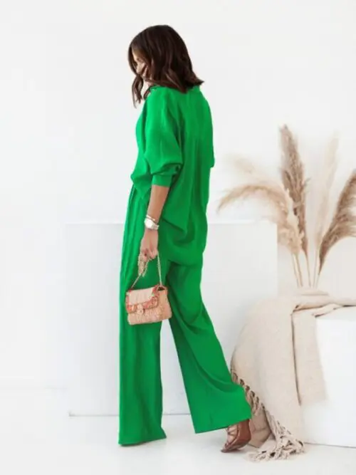 Loose Solid Color Long-Sleeved Shirt and Casual Trousers Two-Piece Set