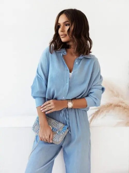 Loose Solid Color Long-Sleeved Shirt and Casual Trousers Two-Piece Set