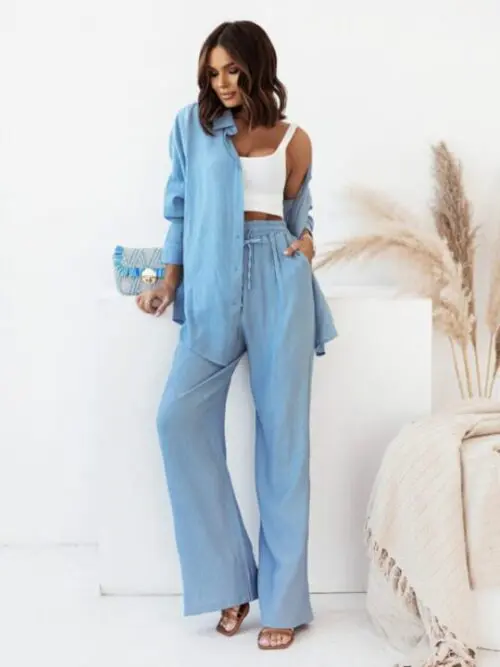 Loose Solid Color Long-Sleeved Shirt and Casual Trousers Two-Piece Set
