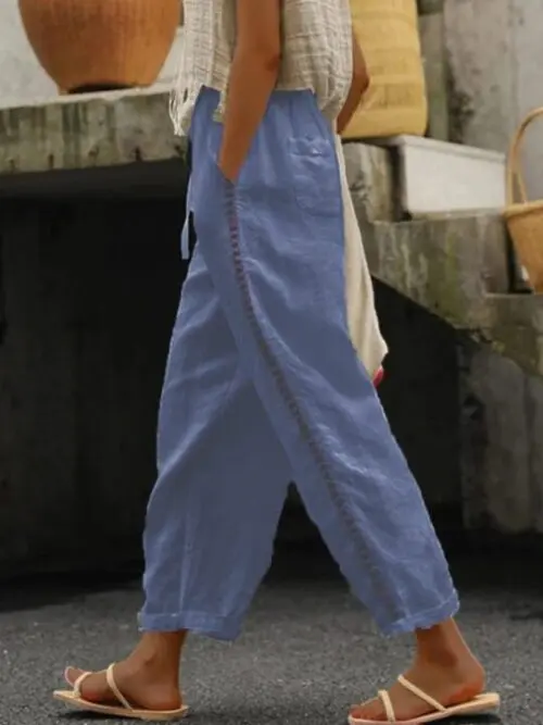 Cotton Linen Solid Color Casual Pants with Sweet Cropped Pants Stitching