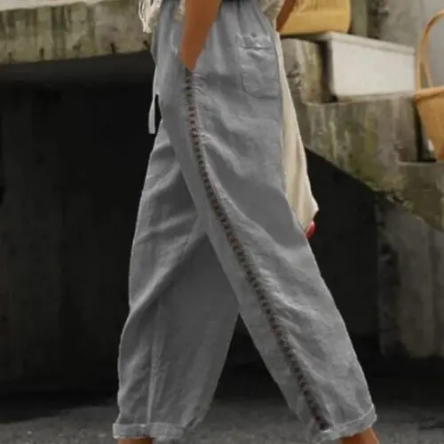 Cotton Linen Solid Color Casual Pants with Sweet Cropped Pants Stitching
